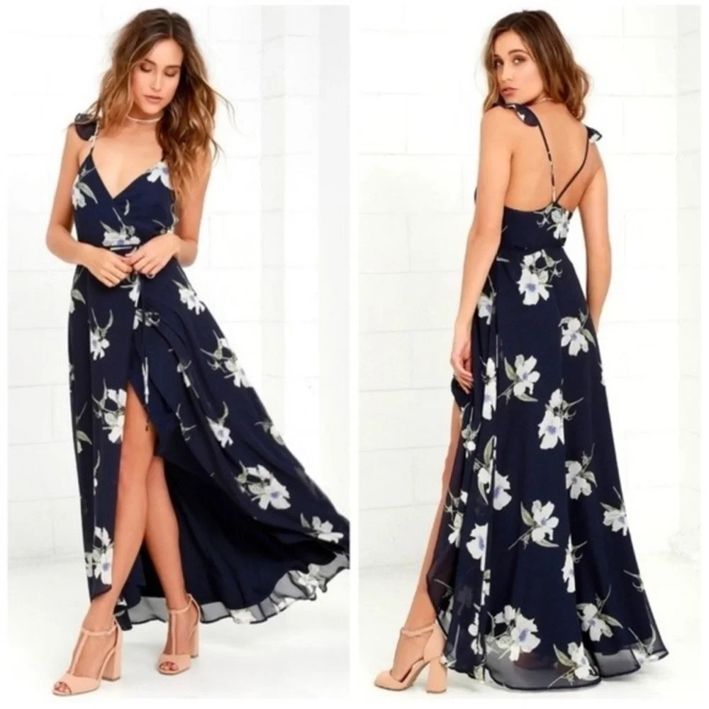 Lulus All Mine Navy Blue Floral Print High-Low Wrap Dress size M bridesmaid - Picture 1 of 13